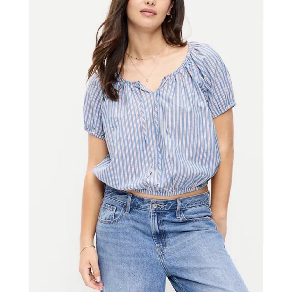 Old Navy Top Bubble Hem Blue Stripe Cotton Lightweight Vacay Casual Medium NWT